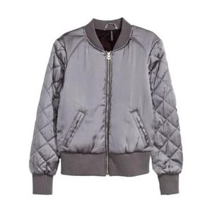 EUC 🪩 H&M Divided Silver Gray Satin, Quilted Arm Fitted Bomber Jacket, Size 6